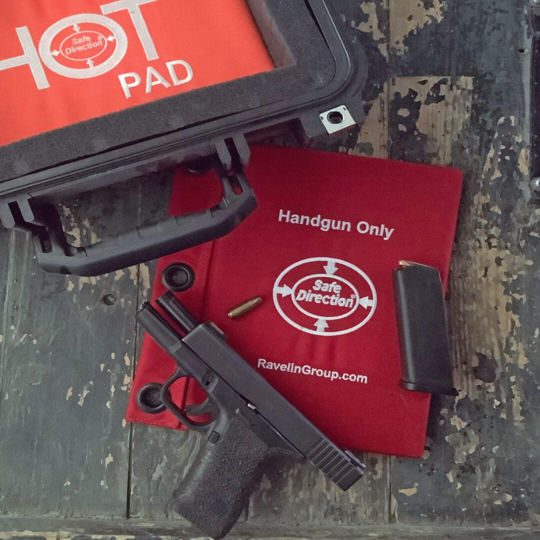 Safe Direction Ballistic Containment Gun Handling Safety Products include Academy Pad and H.O.T. Ballistic Pad NIJ IIIA equivalent for use as protection against the immediate aftermath of an unintentional discharge.