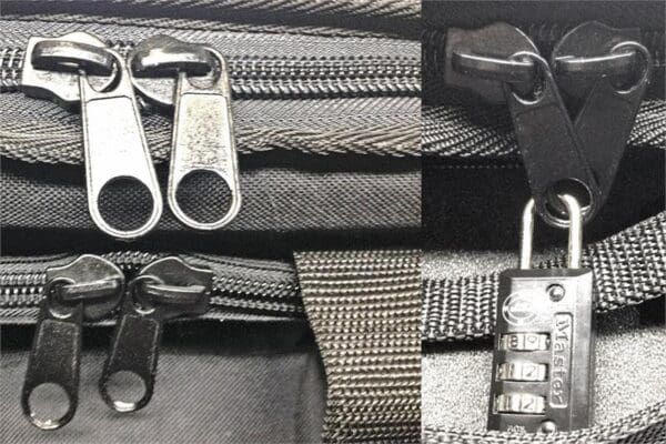 A close up of different zippers and locks