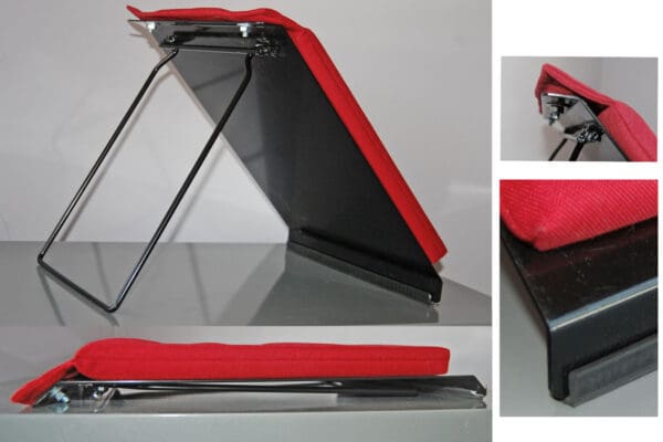 A red and black tablet stand with two different angles.